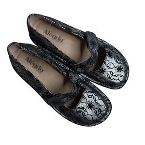 ALEGRIA Women's 37 FEL-327 Comfort Clog Mary Jane Shoe Leather Silver Lace Black